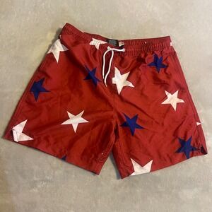 Mens Walnut & 39th Red Star Print Swim Trunks Shorts Size Medium Elastic Waist